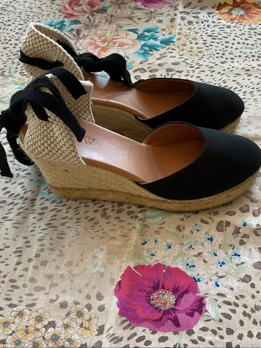 J. Crew Black Espadrille Wedges with Cream Braided Heel and Ankle Ties